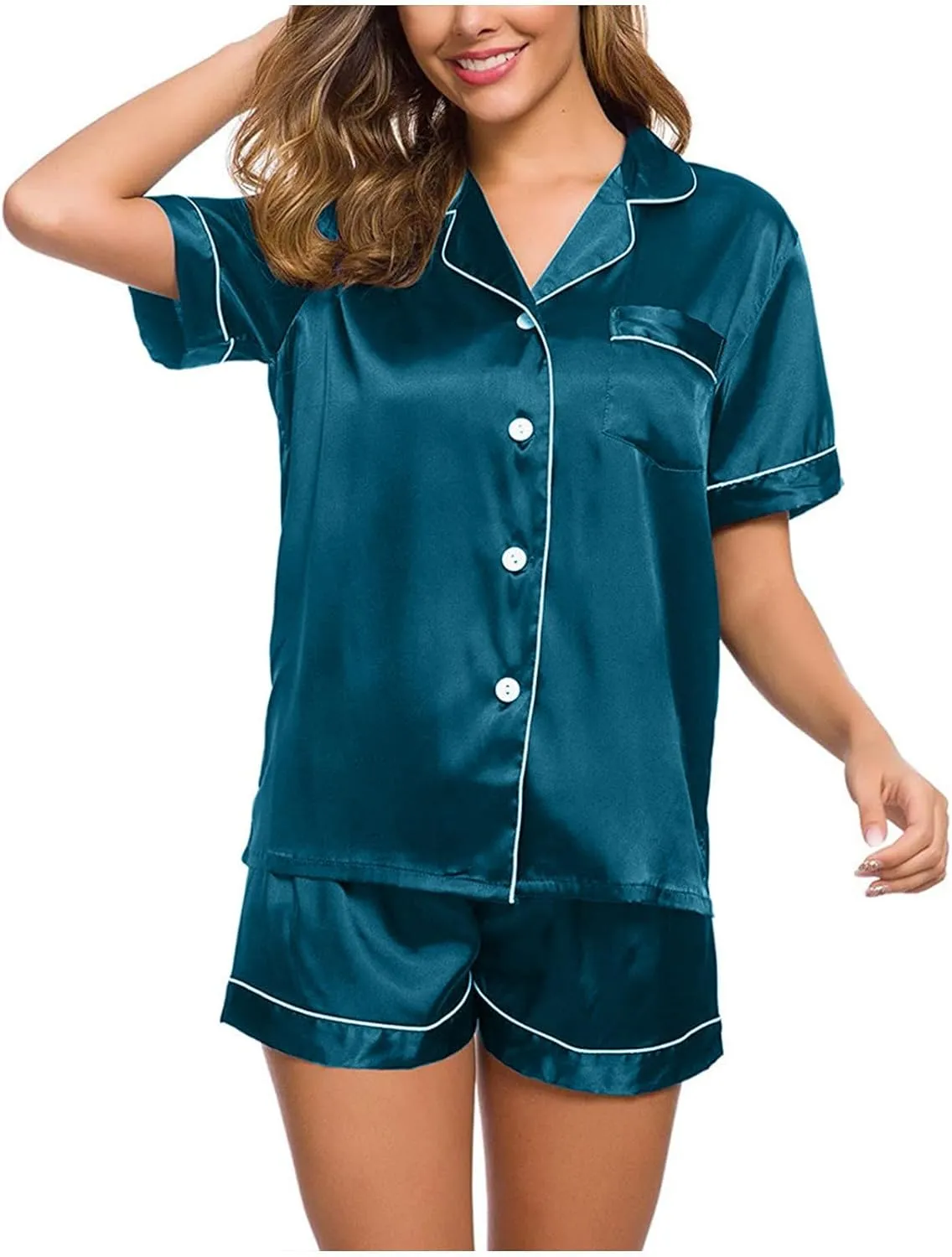 Satin Pajama Set for Women Short Sleeve Silk Pajamas Button Down Sleepwear & Shorts Comfy Soft Two Piece Loungewear