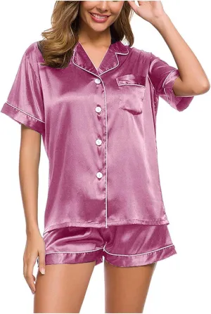 Satin Pajama Set for Women Short Sleeve Silk Pajamas Button Down Sleepwear & Shorts Comfy Soft Two Piece Loungewear