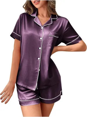 Satin Pajama Set for Women Soft Short Sleeve Button Down Shirts and Shorts Comfy Loungewear Sets 2 Piece Sleepwear