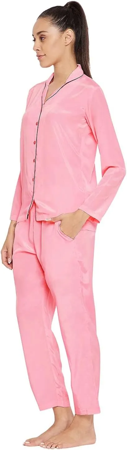 Satin Silk Pajama Set for Women Long Sleeve Button-Down Sleepwear Loungewear Nightwear Soft PJs
