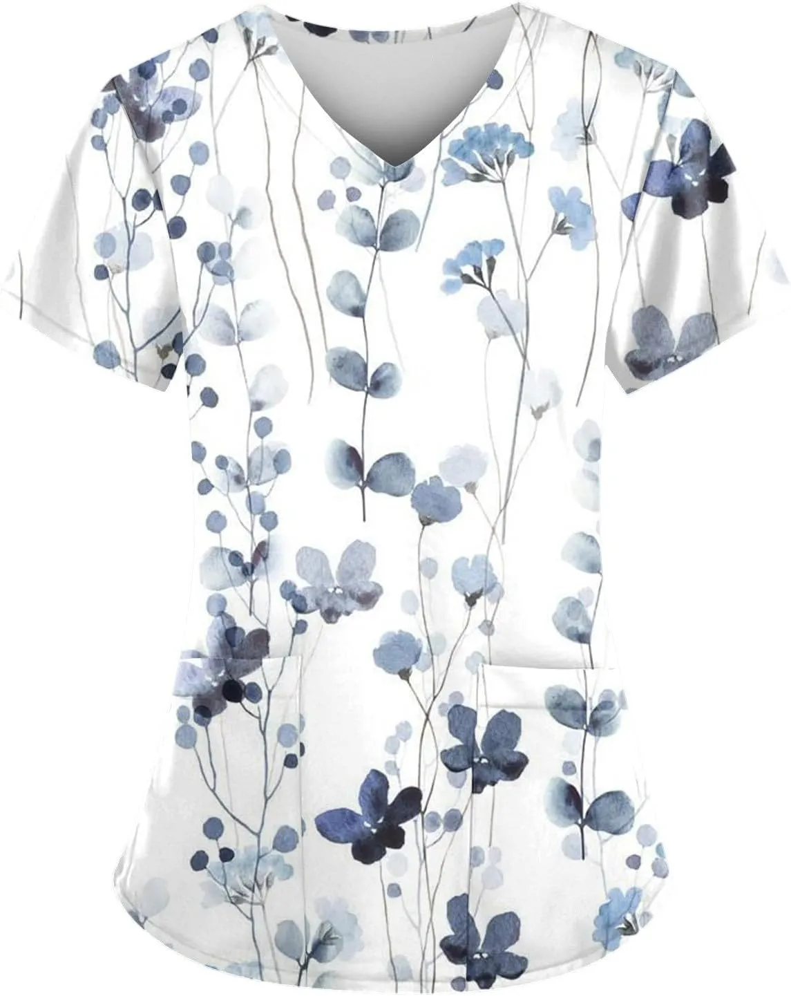 Scrub Tops for Women Short Sleeve Daisy Floral Print Healthcare Top V Neck Nursing Uniforms Workwear with Pocket