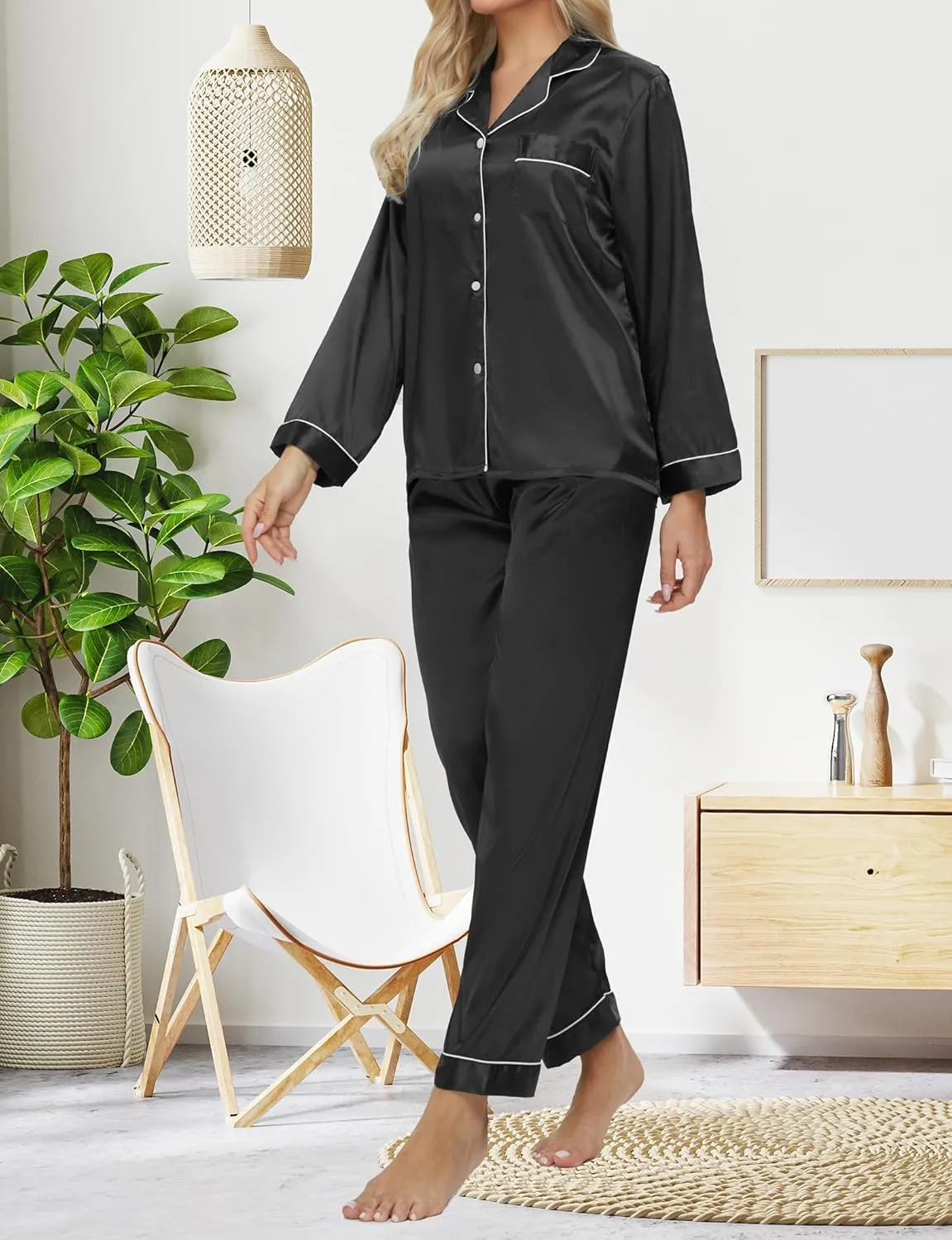 SEALINF Women's Long Satin Pajamas Set Sleepwear Button Shirt and Pants,With Eyemask, Hair Ring, Hairband
