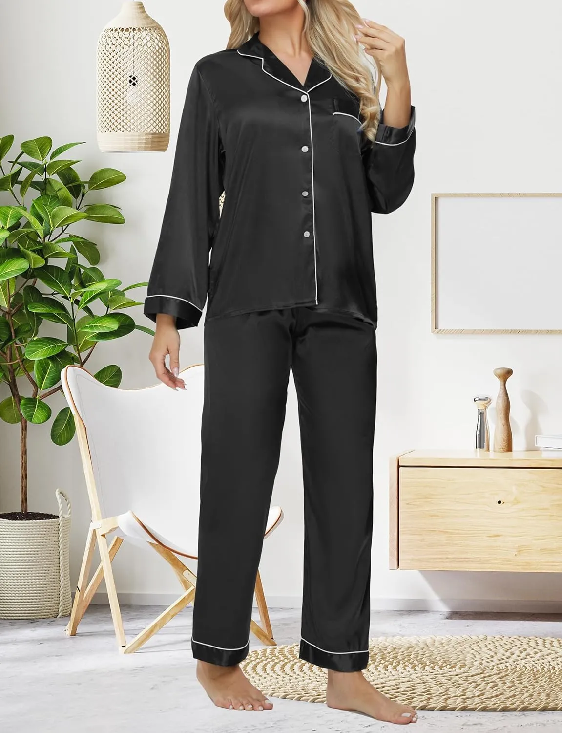 SEALINF Women's Long Satin Pajamas Set Sleepwear Button Shirt and Pants,With Eyemask, Hair Ring, Hairband