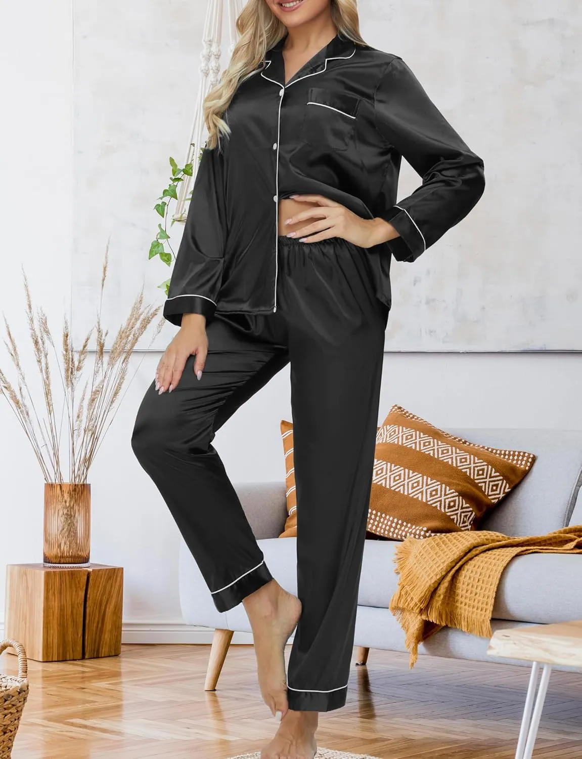 SEALINF Women's Long Satin Pajamas Set Sleepwear Button Shirt and Pants,With Eyemask, Hair Ring, Hairband
