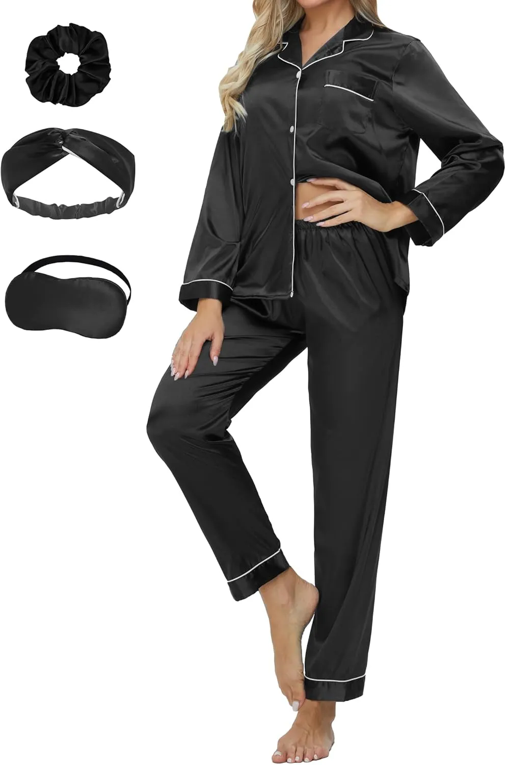 SEALINF Women's Long Satin Pajamas Set Sleepwear Button Shirt and Pants,With Eyemask, Hair Ring, Hairband
