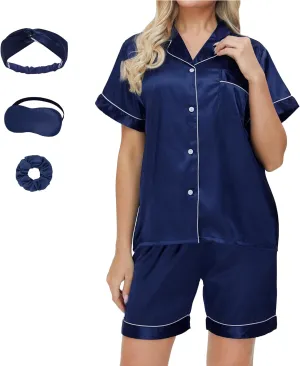 SEALINF Women's Satin Pajamas Set Sleepwear Button Shirt and Pants,With Eyemask, Hair Ring, Hairband