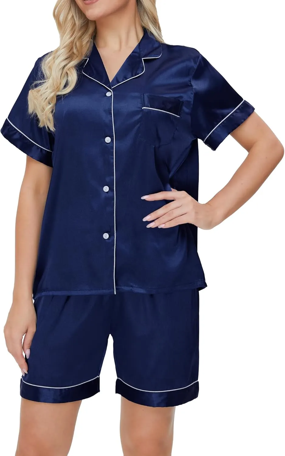 SEALINF Women's Satin Pajamas Set Sleepwear Button Shirt and Pants,With Eyemask, Hair Ring, Hairband
