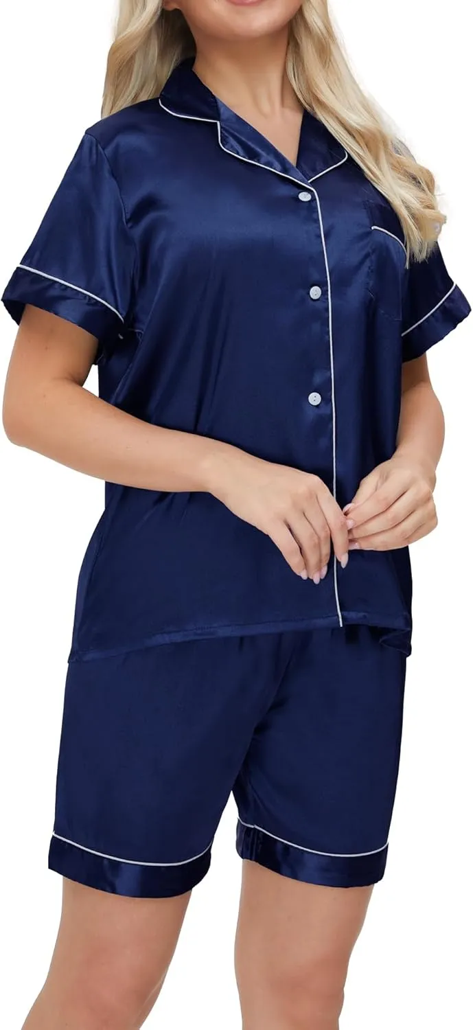 SEALINF Women's Satin Pajamas Set Sleepwear Button Shirt and Pants,With Eyemask, Hair Ring, Hairband