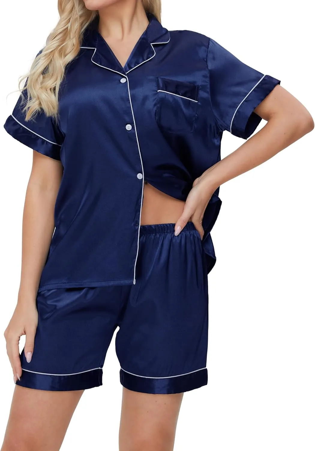 SEALINF Women's Satin Pajamas Set Sleepwear Button Shirt and Pants,With Eyemask, Hair Ring, Hairband