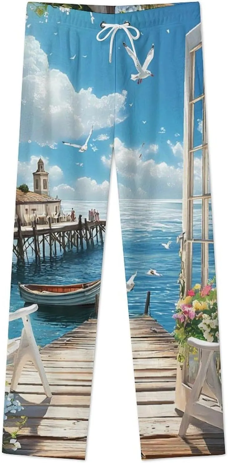 Seaside Boat Scenery Women's Pajama Pants Fleece Warm Pj Bottoms Sleepwear Lounge Pants Loungewear