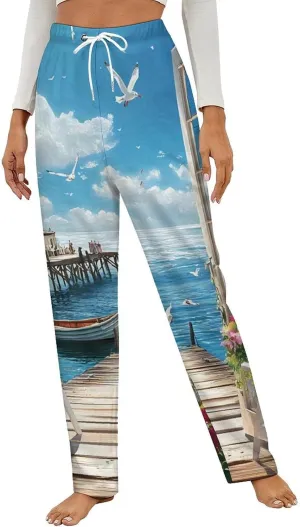 Seaside Boat Scenery Women's Pajama Pants Fleece Warm Pj Bottoms Sleepwear Lounge Pants Loungewear