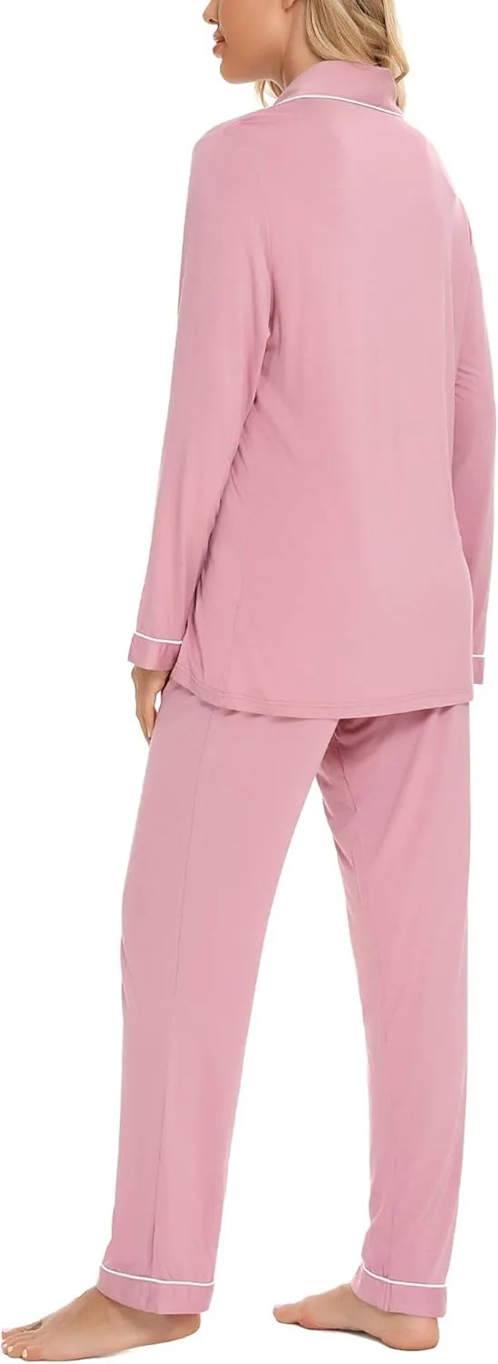 Senert Pajamas Set For Women Long Sleeve Sleepwear Soft Button Down Shirt with Long Pants Pj Lounge Sets S-XXL