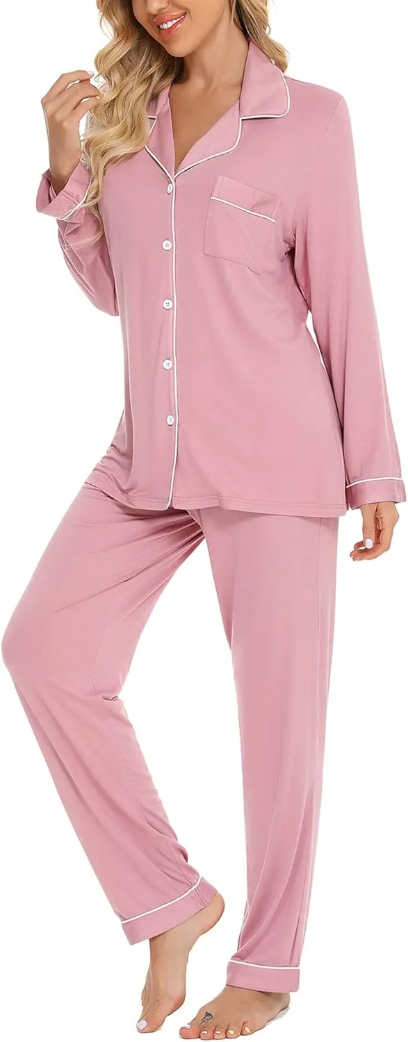 Senert Pajamas Set For Women Long Sleeve Sleepwear Soft Button Down Shirt with Long Pants Pj Lounge Sets S-XXL