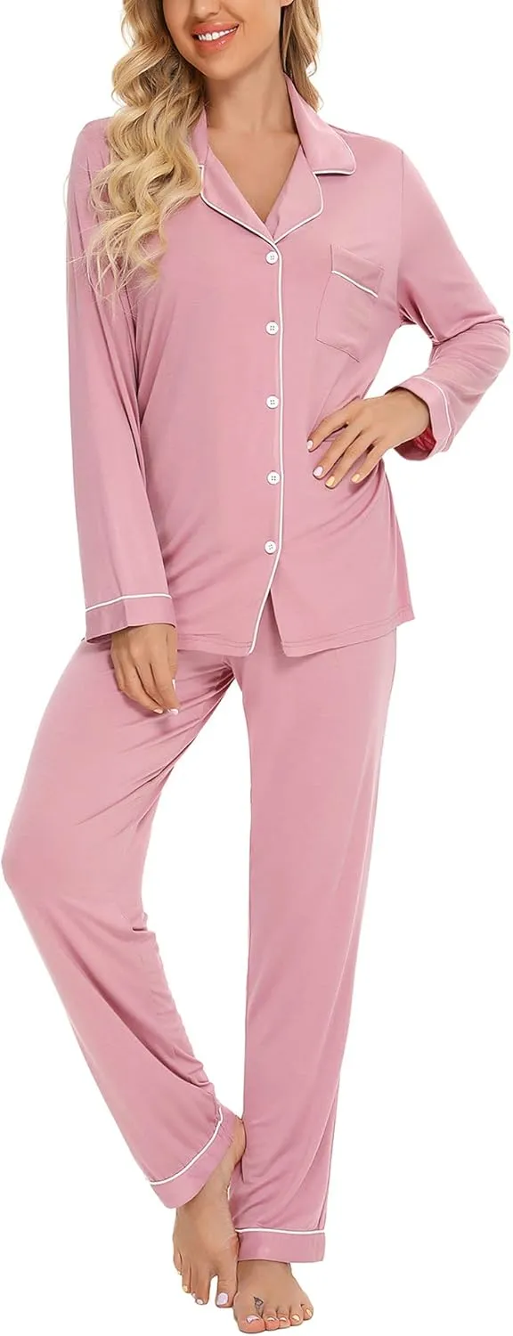 Senert Pajamas Set For Women Long Sleeve Sleepwear Soft Button Down Shirt with Long Pants Pj Lounge Sets S-XXL