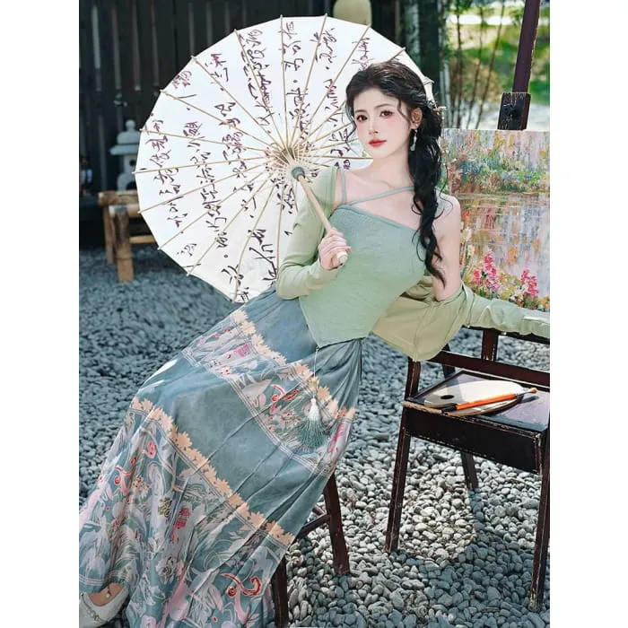 Set: Asymmetrical Plain Camisole Top   Plain Shrug   High Waist Floral Print Midi