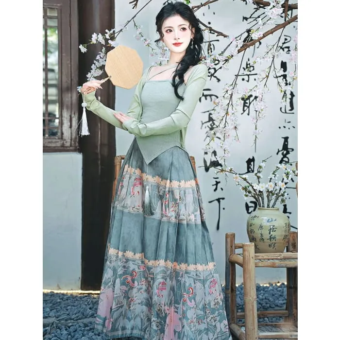 Set: Asymmetrical Plain Camisole Top   Plain Shrug   High Waist Floral Print Midi
