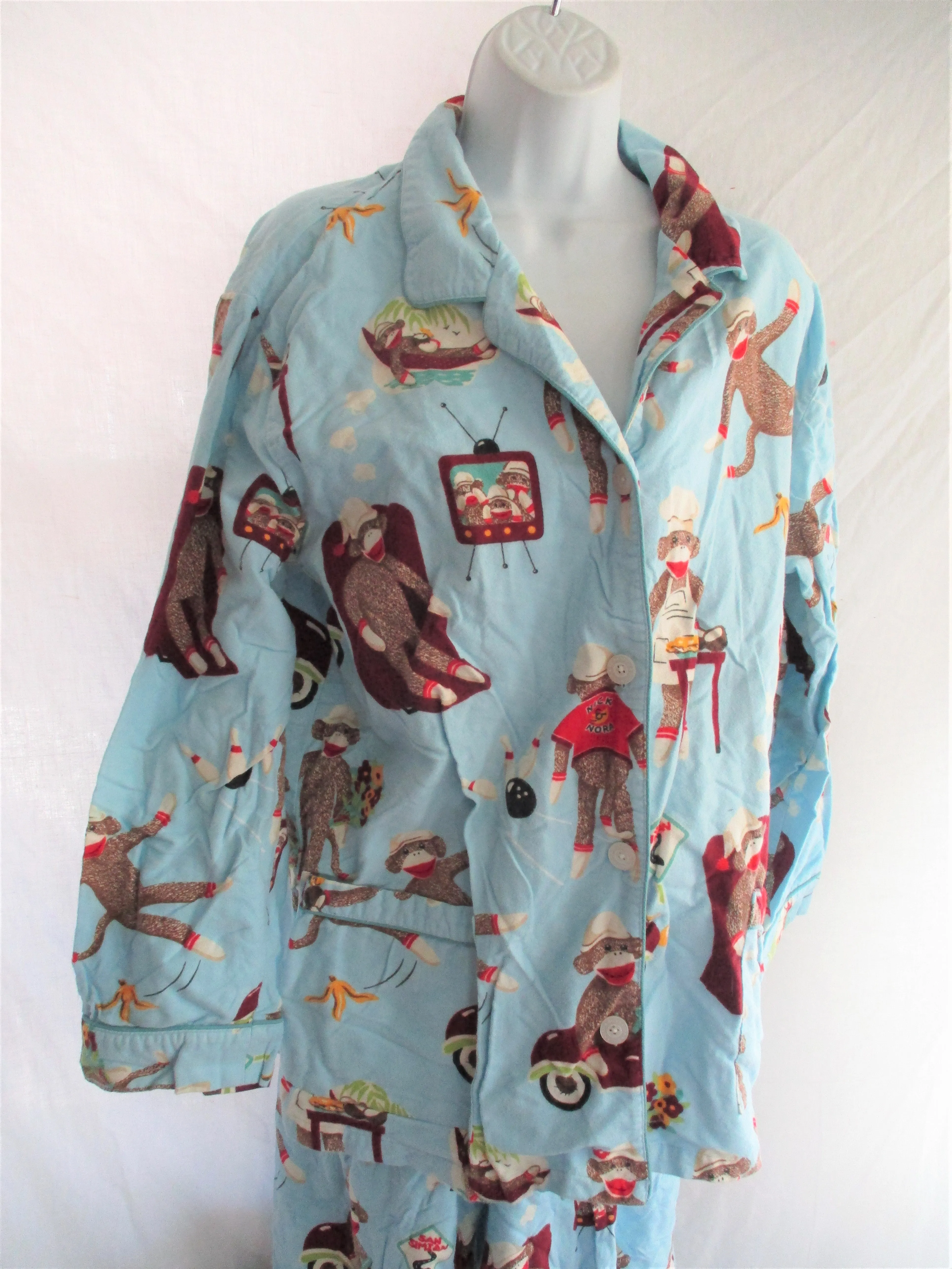 Set NICK & NORA SOCK MONKEY Flannel Pajamas PJs Sleepwear Lounge XXL BLUE