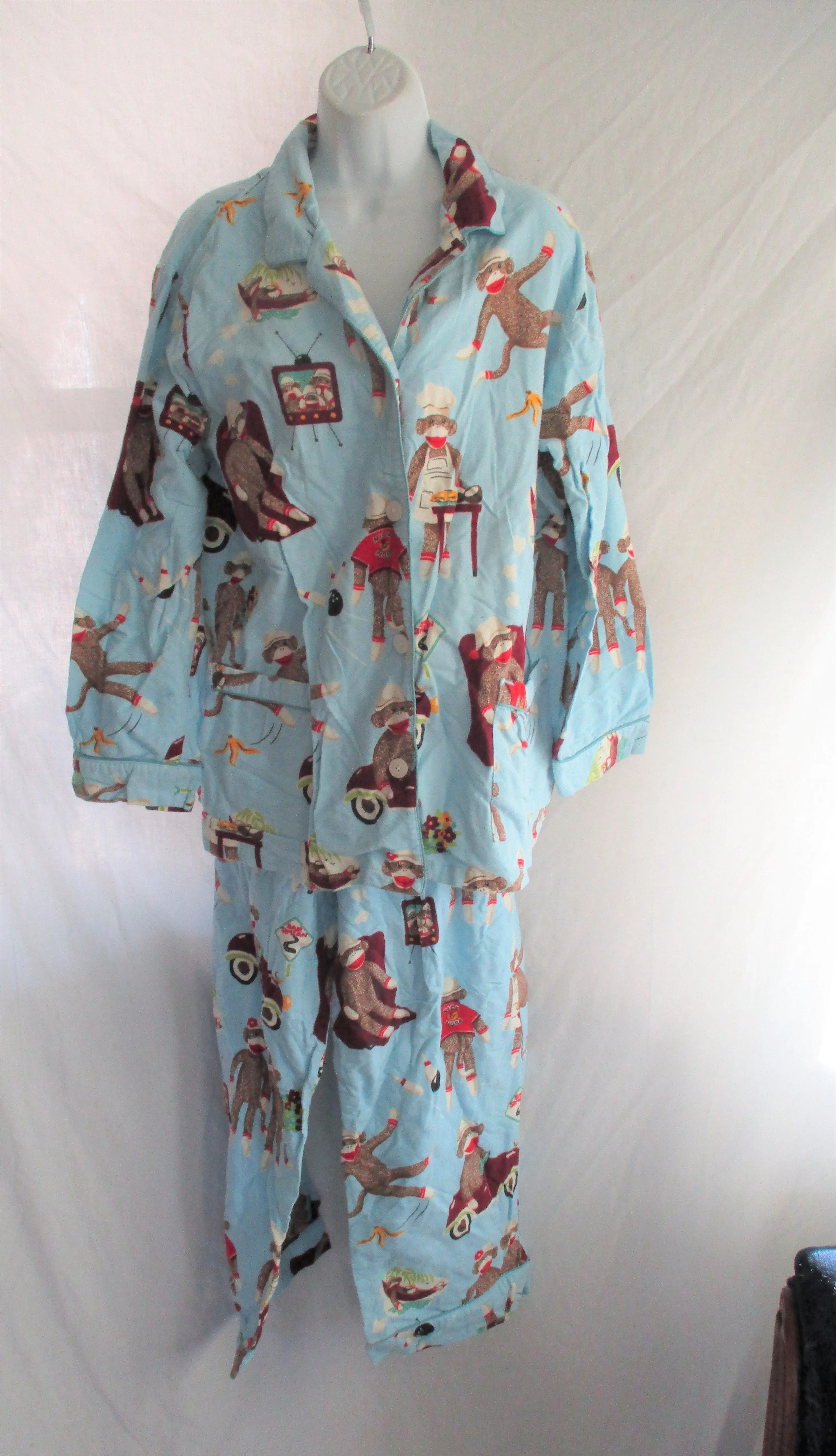 Set NICK & NORA SOCK MONKEY Flannel Pajamas PJs Sleepwear Lounge XXL BLUE