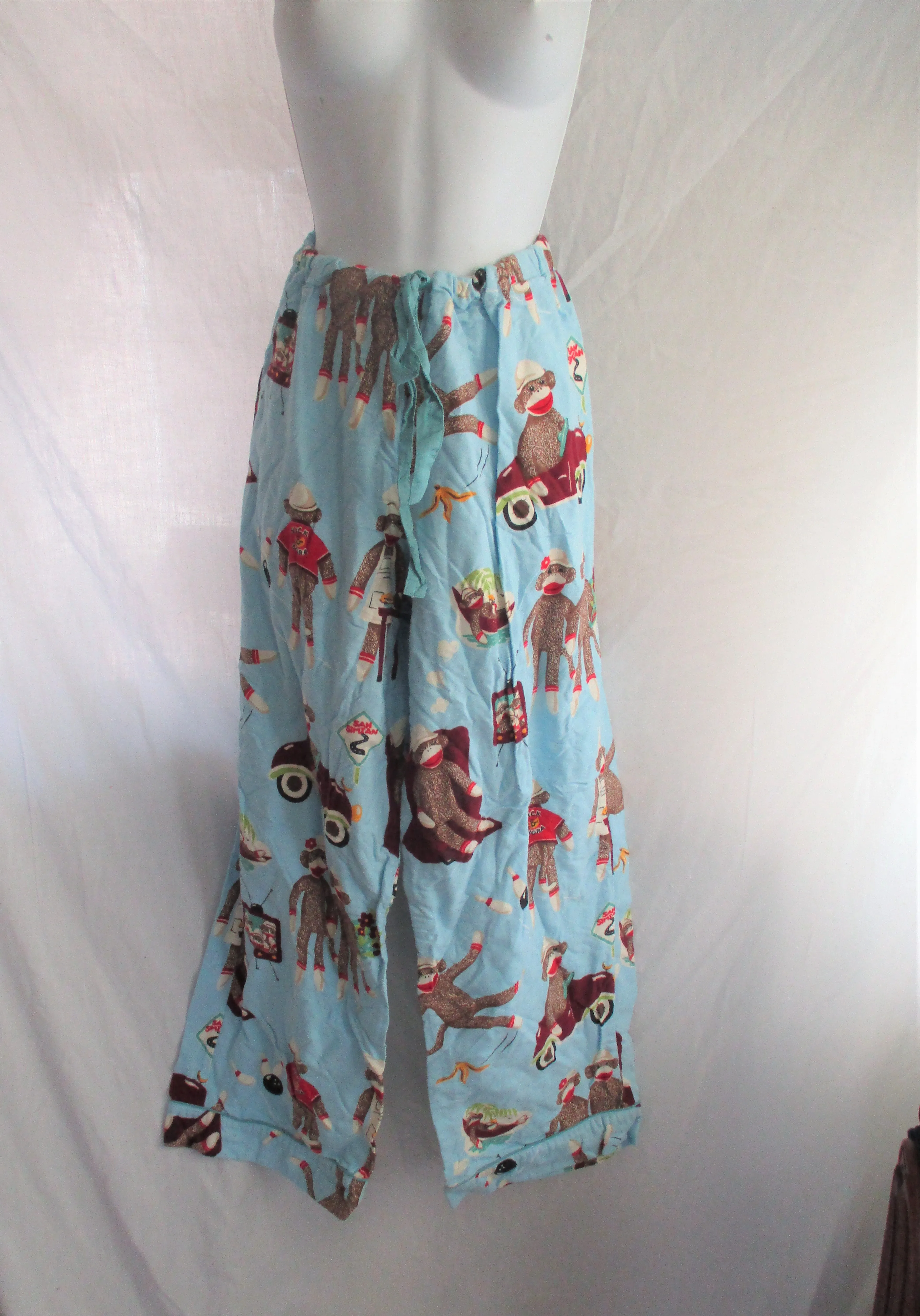 Set NICK & NORA SOCK MONKEY Flannel Pajamas PJs Sleepwear Lounge XXL BLUE