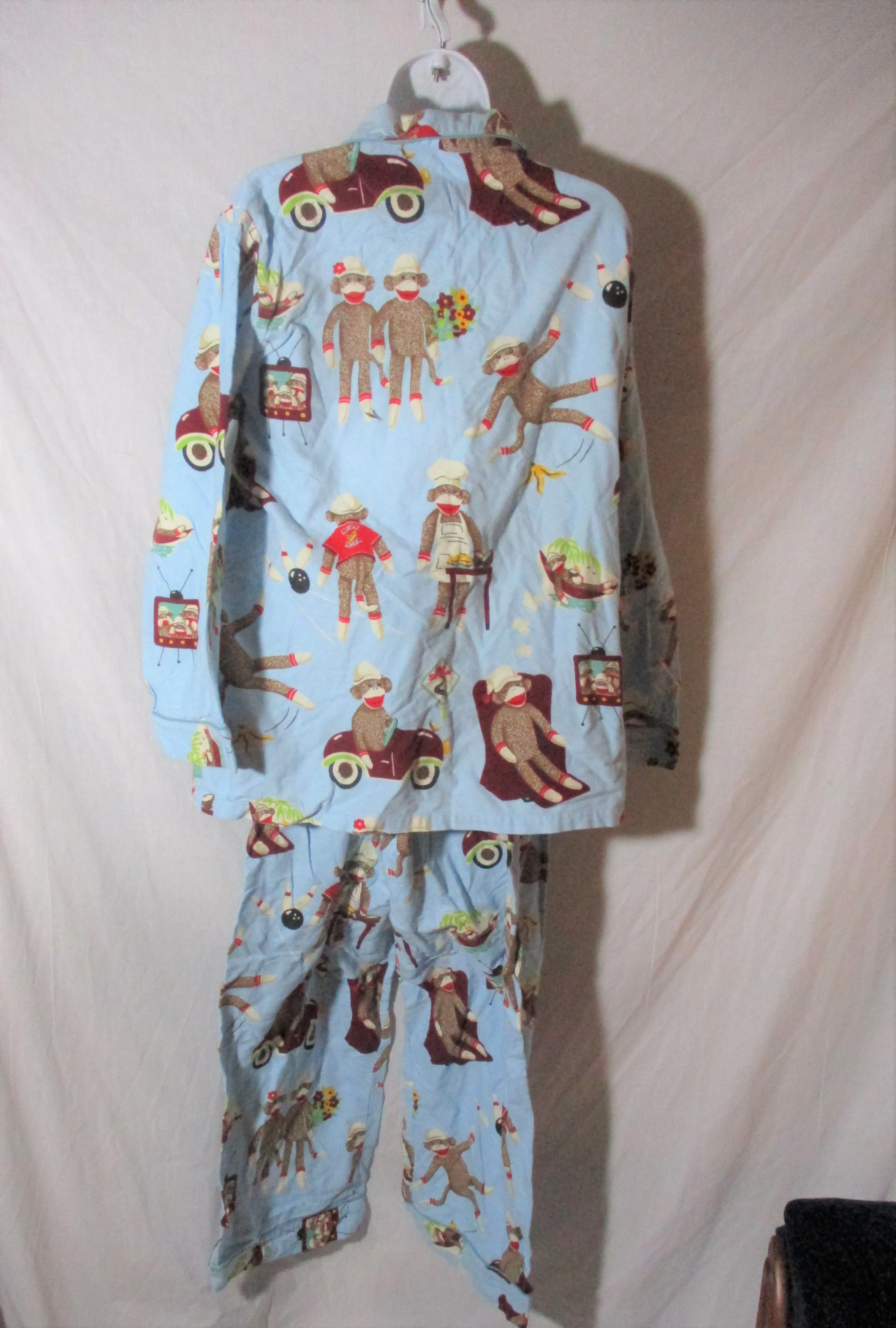 Set NICK & NORA SOCK MONKEY Flannel Pajamas PJs Sleepwear Lounge XXL BLUE