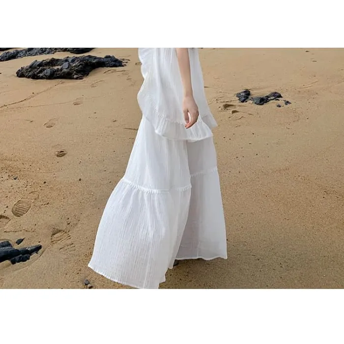 Set: Plain Asymmetrical Mesh Panel Bow Accent Ruffle Trim Open Back Camisole Top   High Waist Maxi