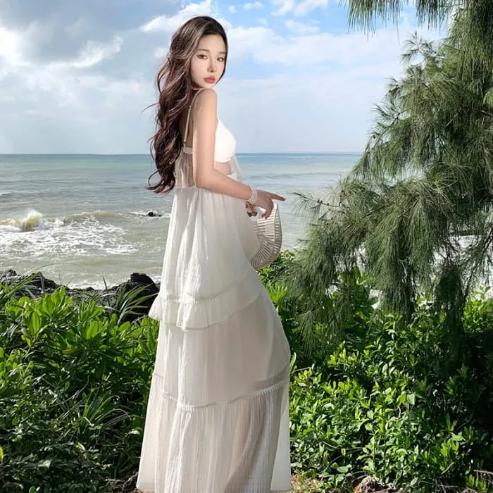 Set: Plain Asymmetrical Mesh Panel Bow Accent Ruffle Trim Open Back Camisole Top   High Waist Maxi