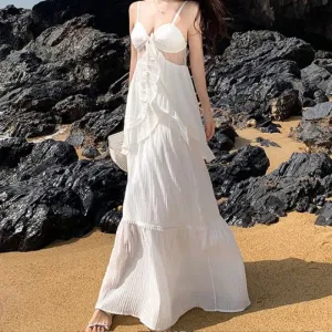 Set: Plain Asymmetrical Mesh Panel Bow Accent Ruffle Trim Open Back Camisole Top   High Waist Maxi