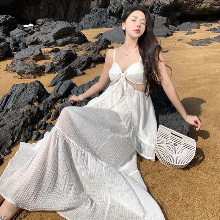 Set: Plain Asymmetrical Mesh Panel Bow Accent Ruffle Trim Open Back Camisole Top   High Waist Maxi