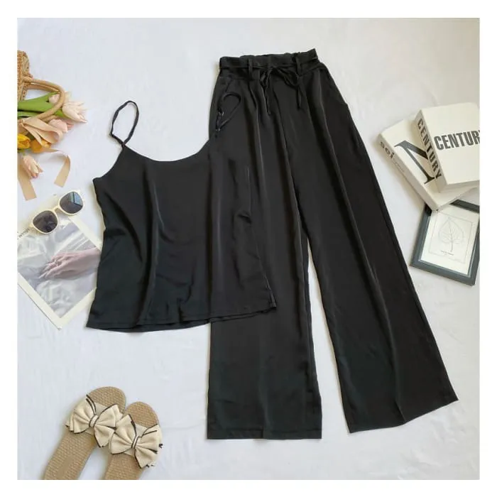 Set: Plain Camisole Top   High Waist Wide Leg Pants