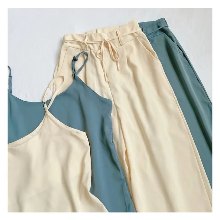 Set: Plain Camisole Top   High Waist Wide Leg Pants