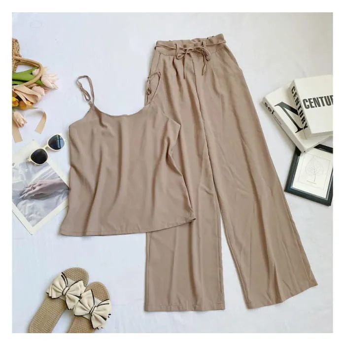 Set: Plain Camisole Top   High Waist Wide Leg Pants