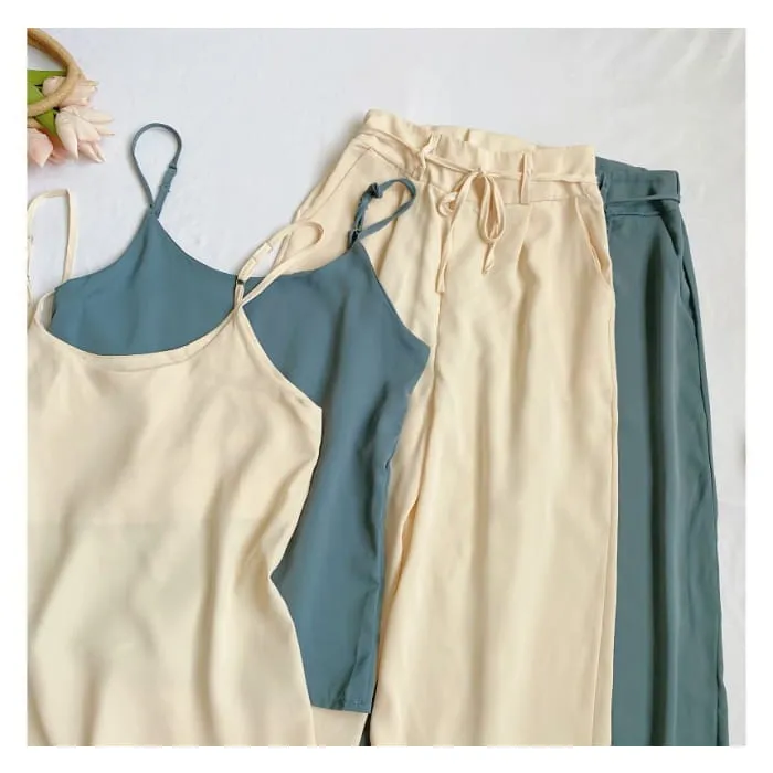 Set: Plain Camisole Top   High Waist Wide Leg Pants