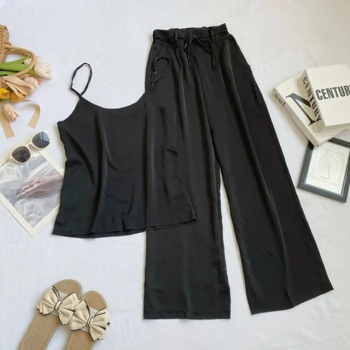 Set: Plain Camisole Top   High Waist Wide Leg Pants