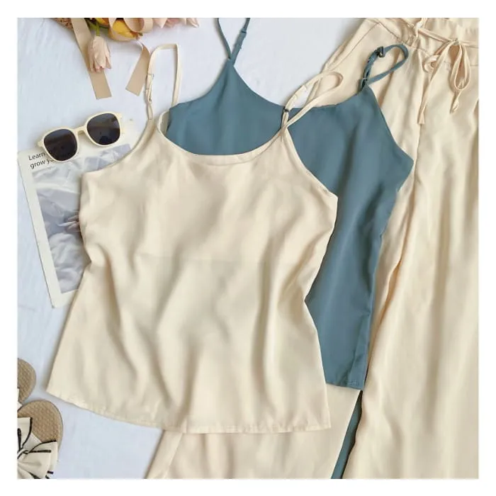 Set: Plain Camisole Top   High Waist Wide Leg Pants