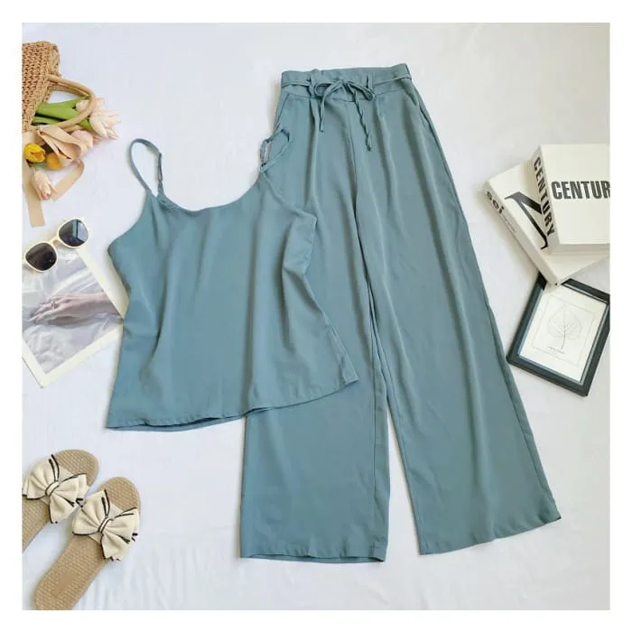 Set: Plain Camisole Top   High Waist Wide Leg Pants