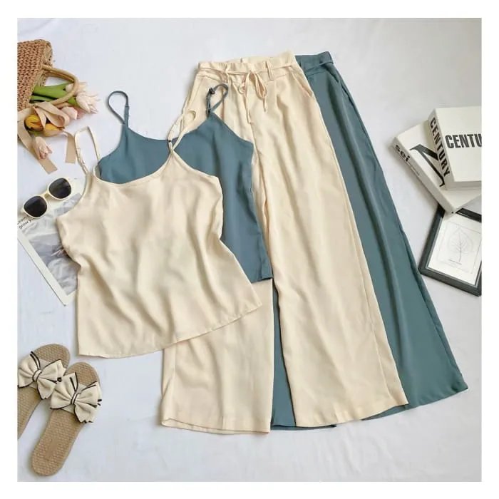 Set: Plain Camisole Top   High Waist Wide Leg Pants
