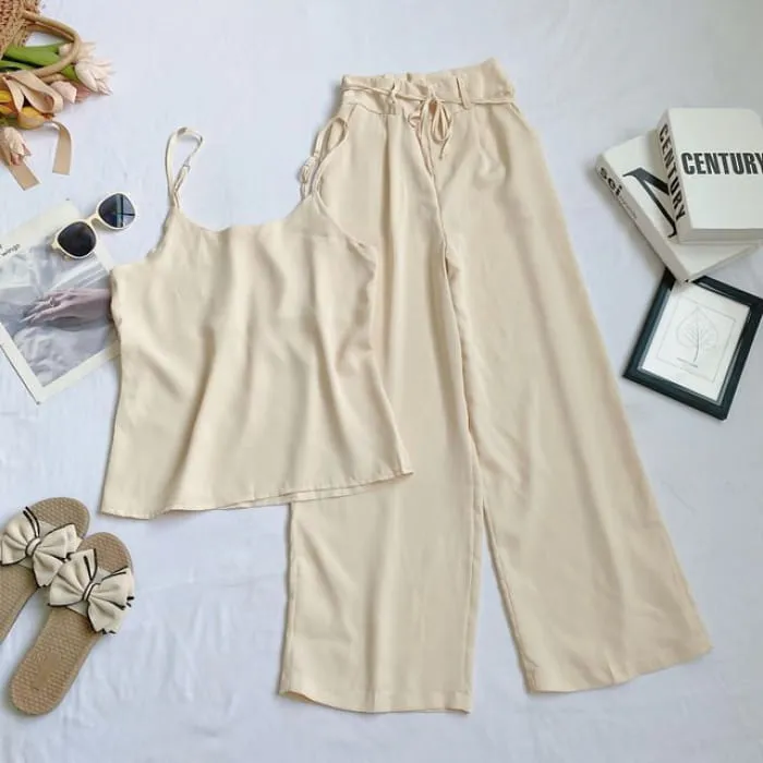 Set: Plain Camisole Top   High Waist Wide Leg Pants
