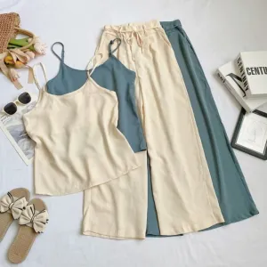 Set: Plain Camisole Top   High Waist Wide Leg Pants