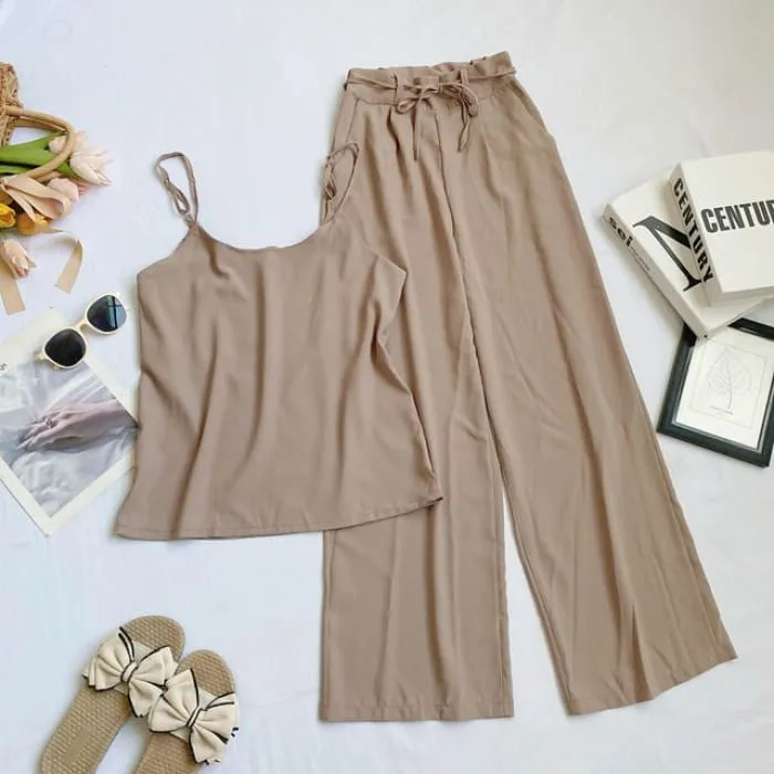 Set: Plain Camisole Top   High Waist Wide Leg Pants