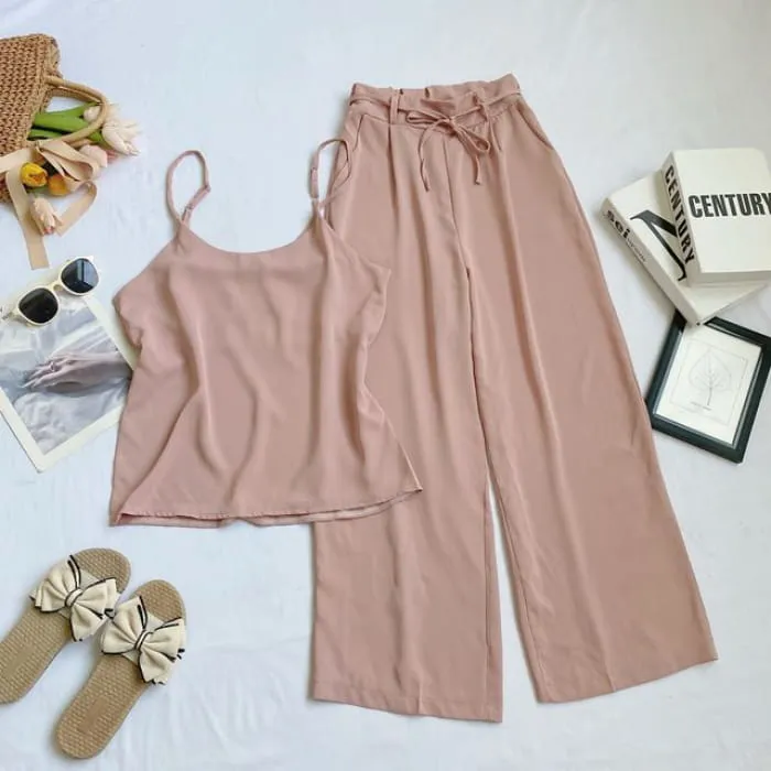 Set: Plain Camisole Top   High Waist Wide Leg Pants