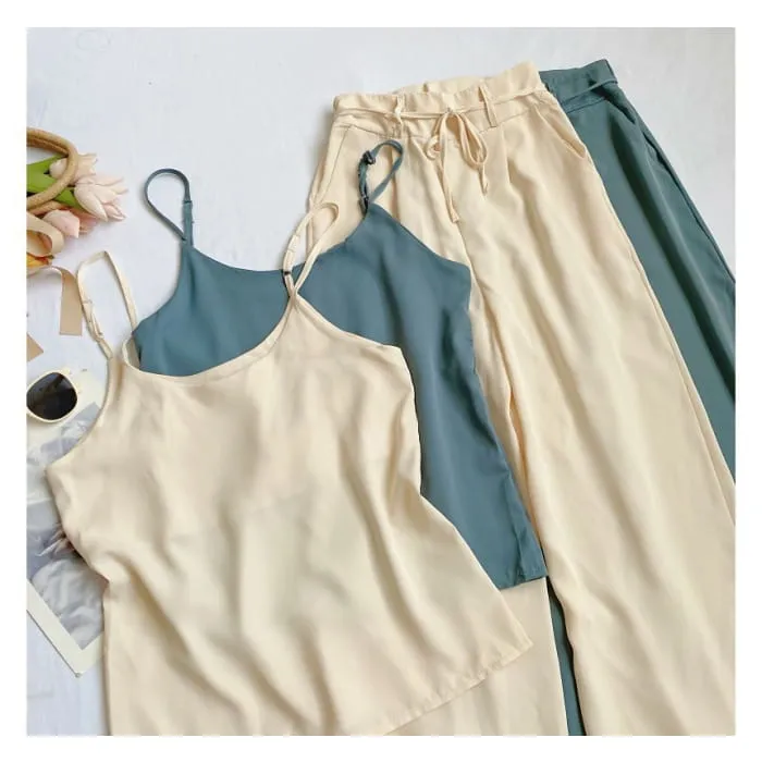 Set: Plain Camisole Top   High Waist Wide Leg Pants
