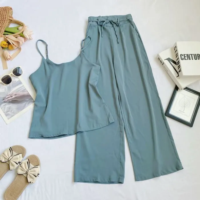 Set: Plain Camisole Top   High Waist Wide Leg Pants