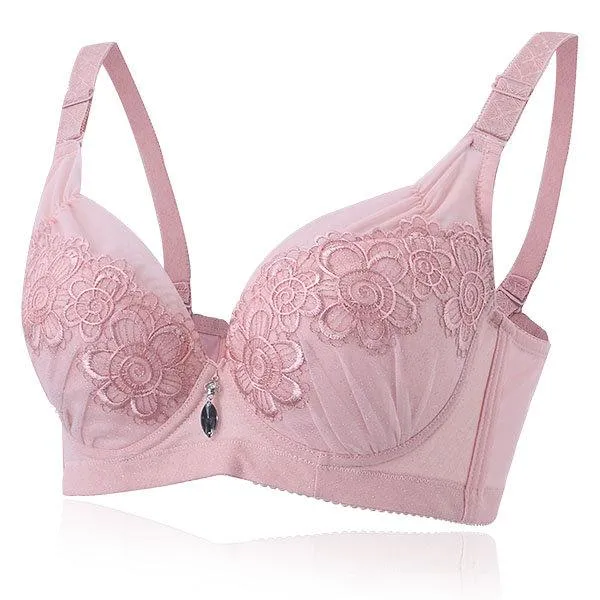 Sexy Deep V Embroidery Ultrathin Bras Gather Push Up Underwire Brassiere