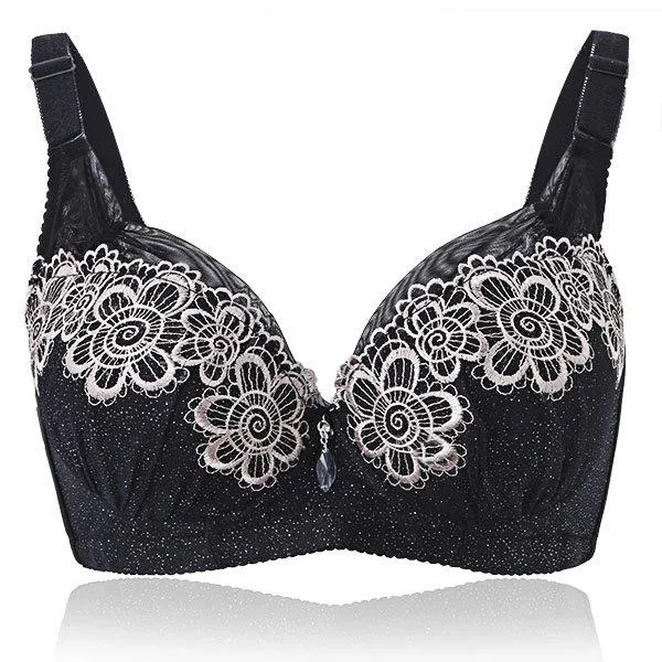 Sexy Deep V Embroidery Ultrathin Bras Gather Push Up Underwire Brassiere