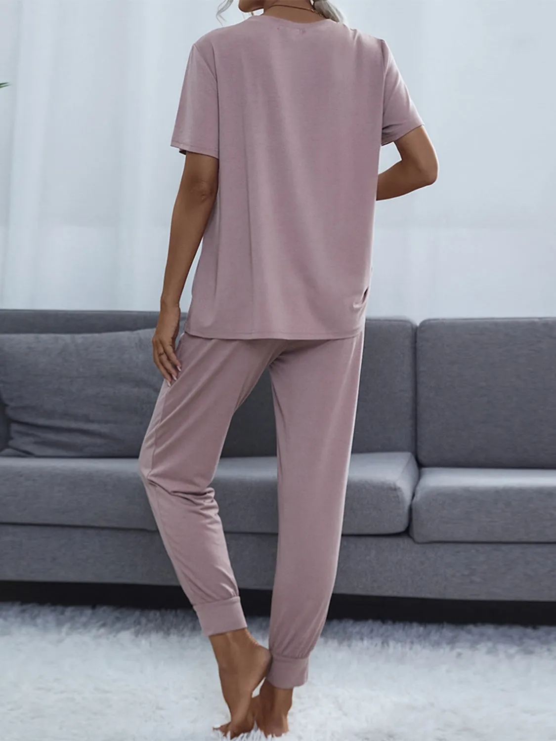 Shiny Round Neck Short Sleeve Top and Pants Set