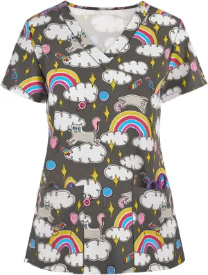 Short Sleeve Tops for Ladies Fall Summer Vneck Print Loose Fit Work Scrub Kawaii Tops Blouses Shirts Women 2025