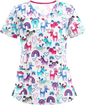 Short Sleeve Tops for Ladies Fall Summer Vneck Print Loose Fit Work Scrub Kawaii Tops Blouses Shirts Women 2025
