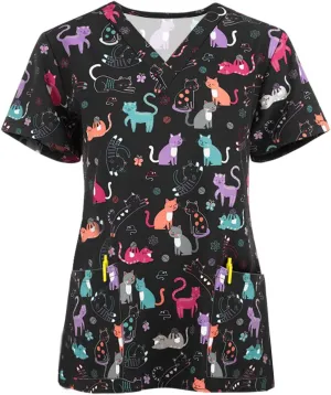 Short Sleeve Tops for Ladies Fall Summer Vneck Print Loose Fit Work Scrub Kawaii Tops Blouses Shirts Women 2025