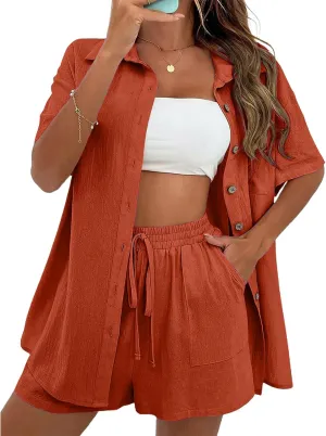 Shorts Sets Women 2 Piece Outfits Button Down Short Sleeve Shirt and Drawstring Shorts Tracksuit Lounge Sets