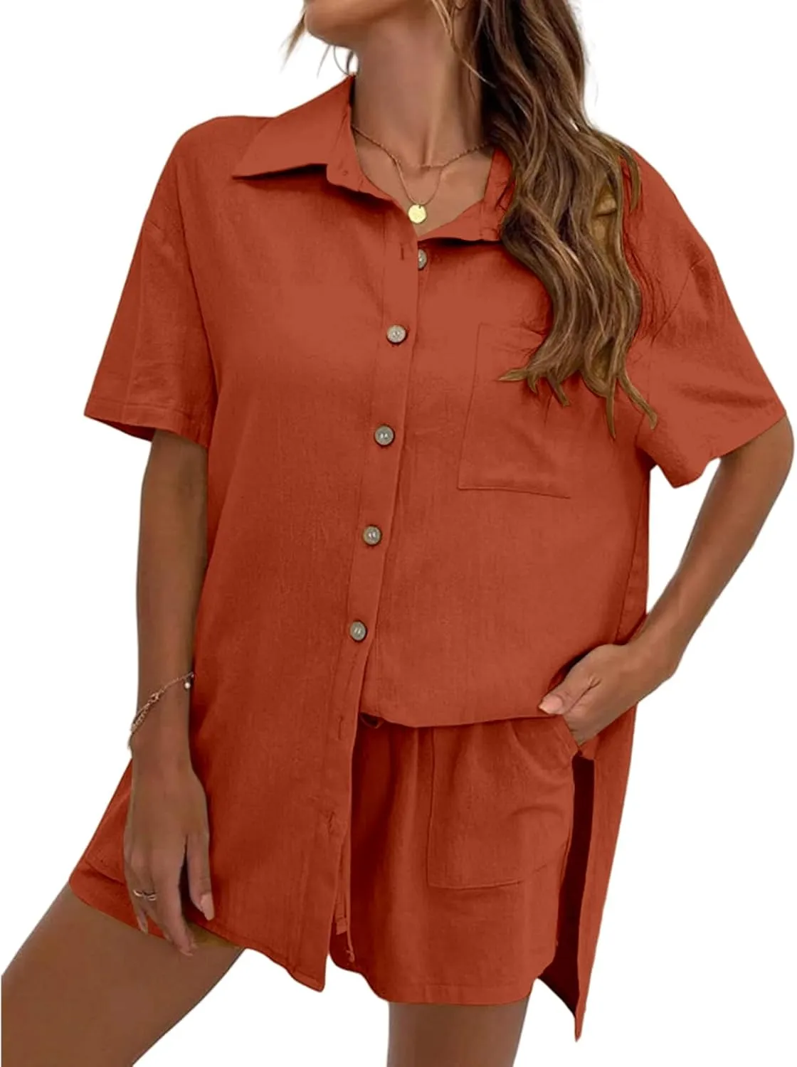 Shorts Sets Women 2 Piece Outfits Button Down Short Sleeve Shirt and Drawstring Shorts Tracksuit Lounge Sets
